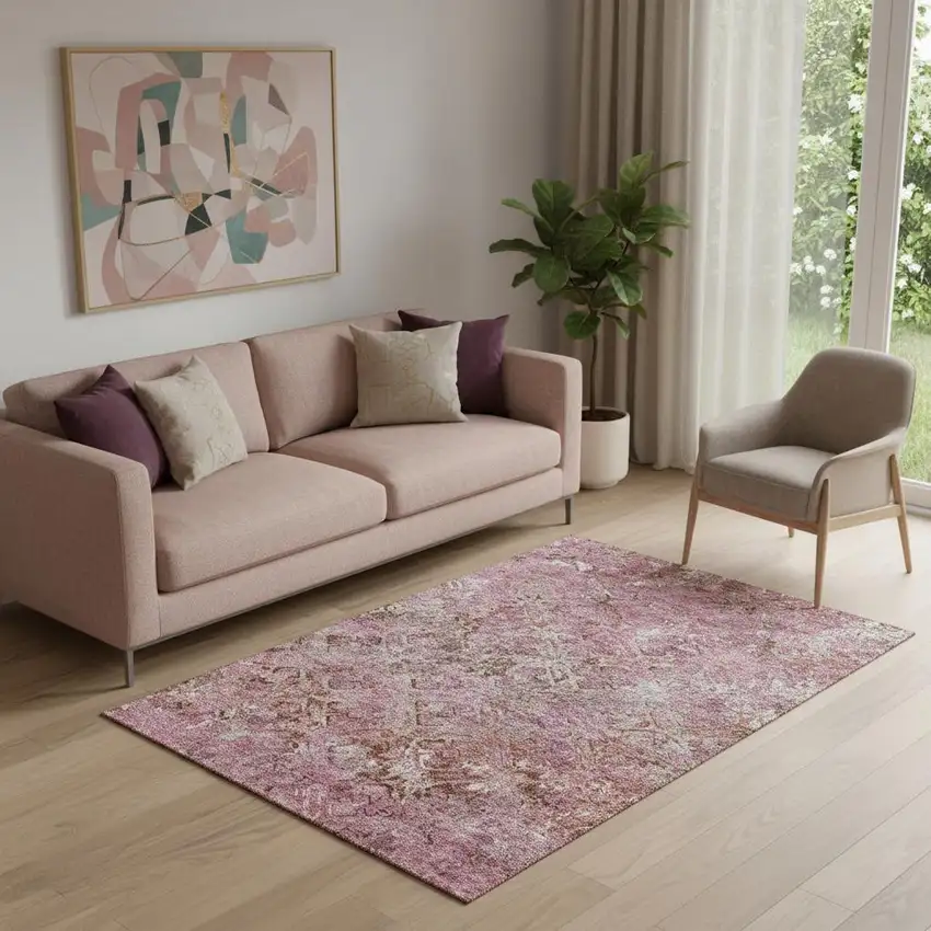 Pink Taupe And Ivory Diamond Washable Area Rug With UV Protection Photo 1