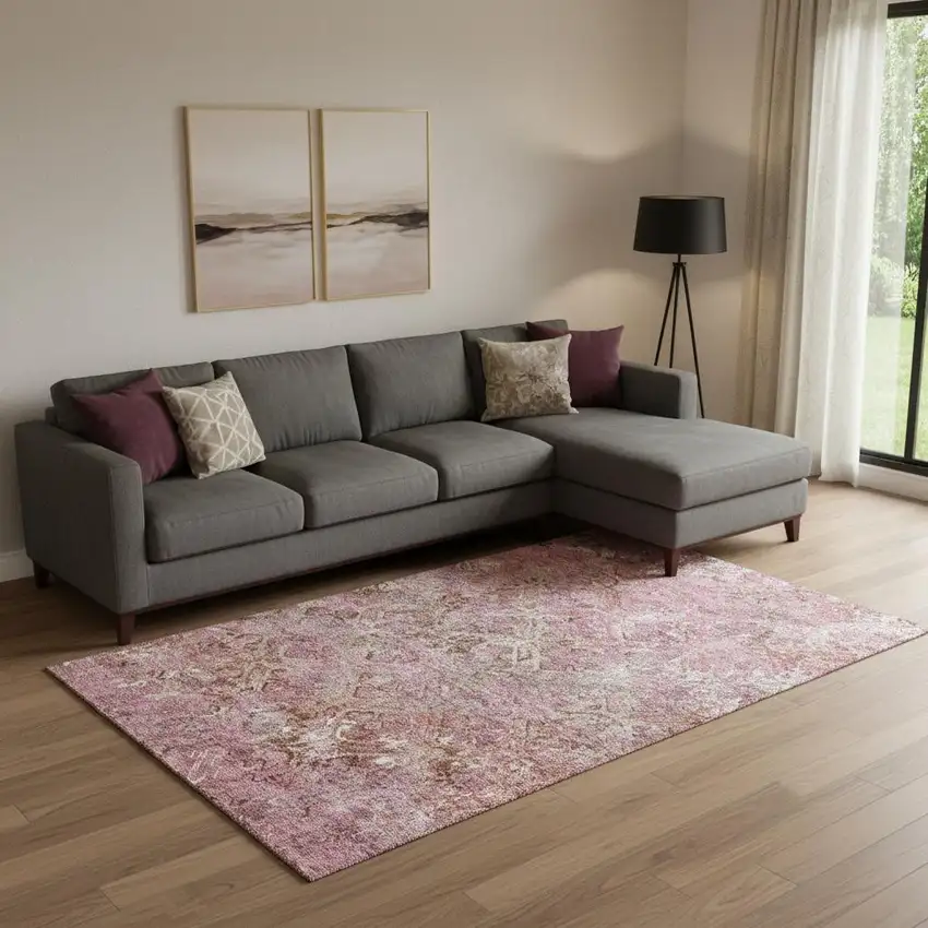 Pink Taupe And Ivory Diamond Washable Area Rug With UV Protection Photo 1