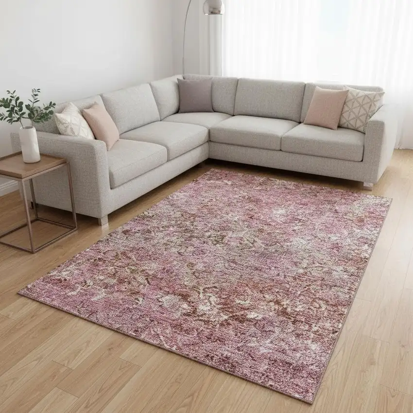Pink Taupe And Ivory Diamond Washable Area Rug With UV Protection Photo 2