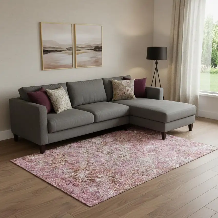 Pink Taupe And Ivory Diamond Washable Area Rug With UV Protection Photo 1