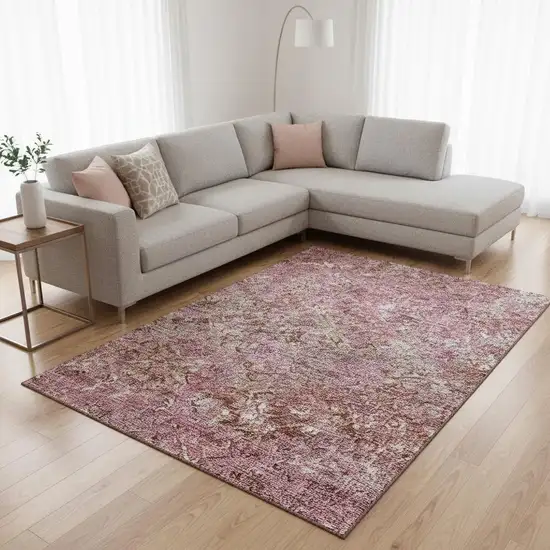 Pink Taupe And Ivory Diamond Washable Area Rug With UV Protection Photo 2