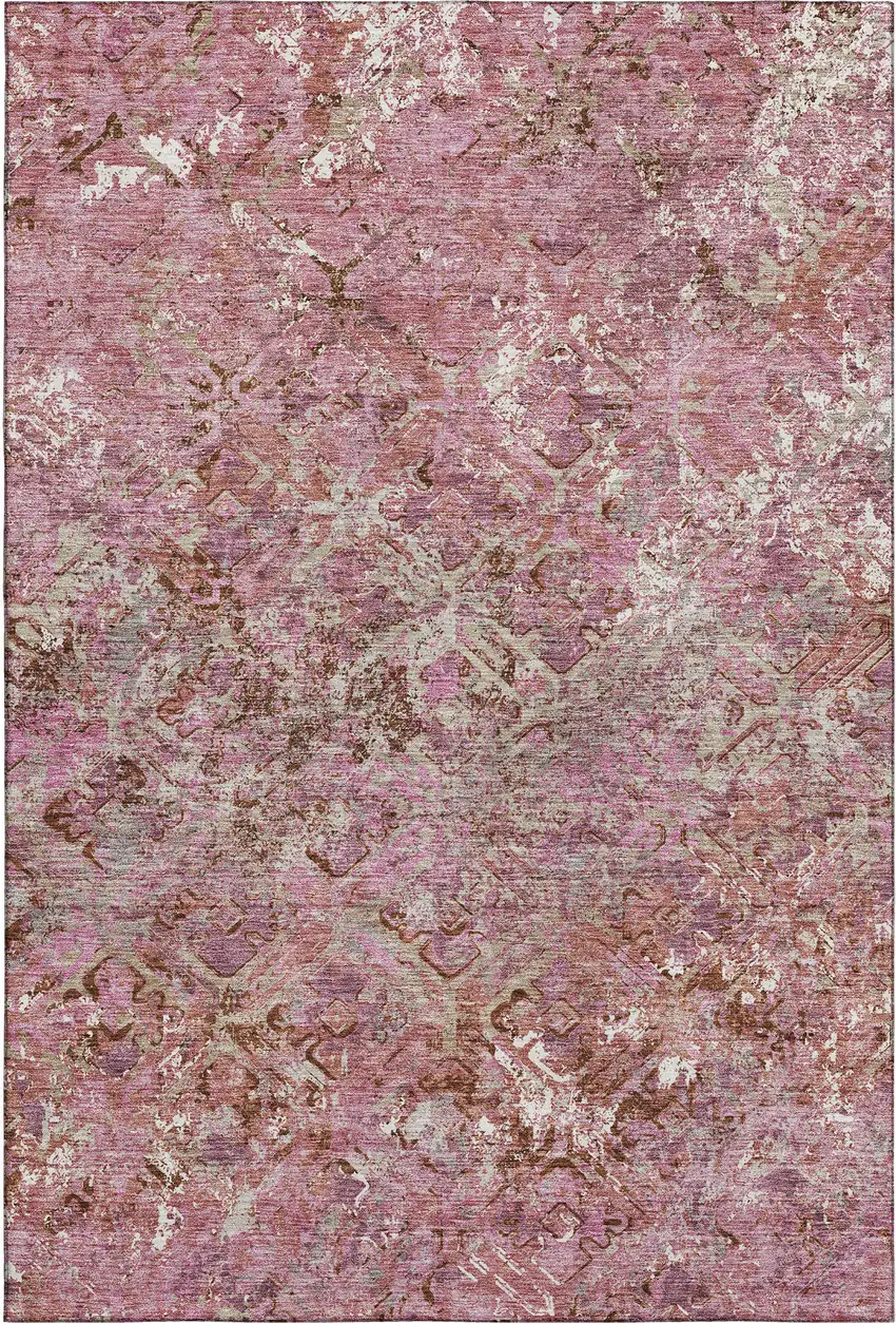 Pink Taupe And Ivory Diamond Washable Area Rug With UV Protection Photo 1