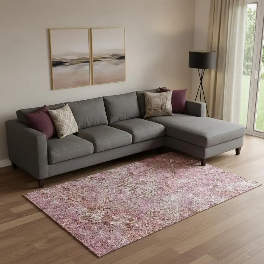 Pink Taupe And Ivory Diamond Washable Area Rug With UV Protection Photo 1