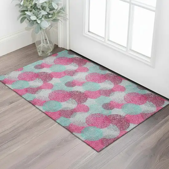 Pink Teal And Burgundy Abstract Washable Area Rug With UV Protection Photo 2
