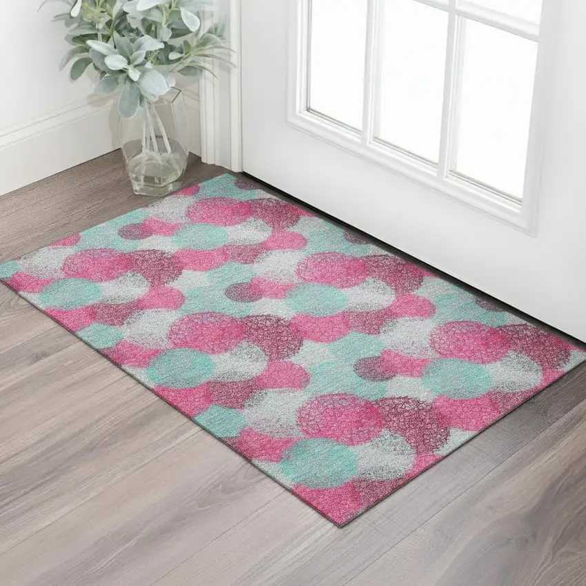 Pink Teal And Burgundy Abstract Washable Area Rug With UV Protection Photo 2