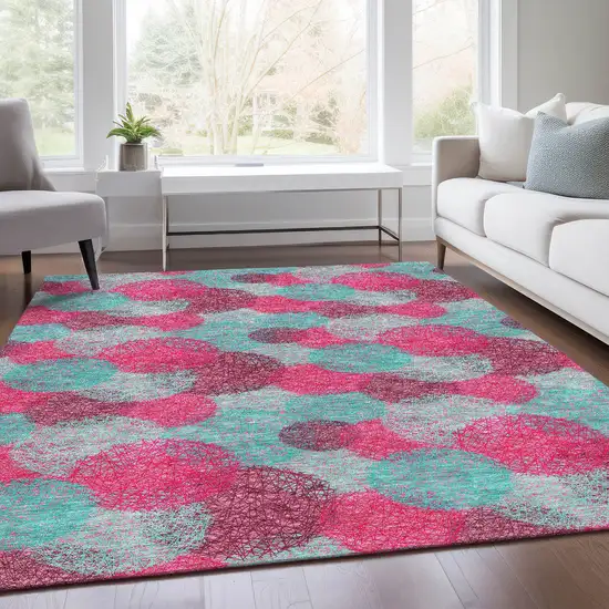 Pink Teal And Burgundy Abstract Washable Area Rug With UV Protection Photo 3