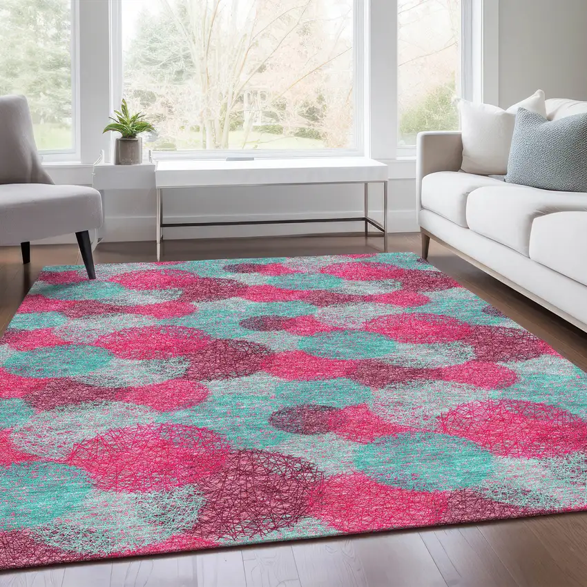 Pink Teal And Burgundy Abstract Washable Area Rug With UV Protection Photo 3