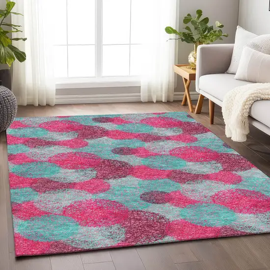 Pink Teal And Burgundy Abstract Washable Area Rug With UV Protection Photo 2