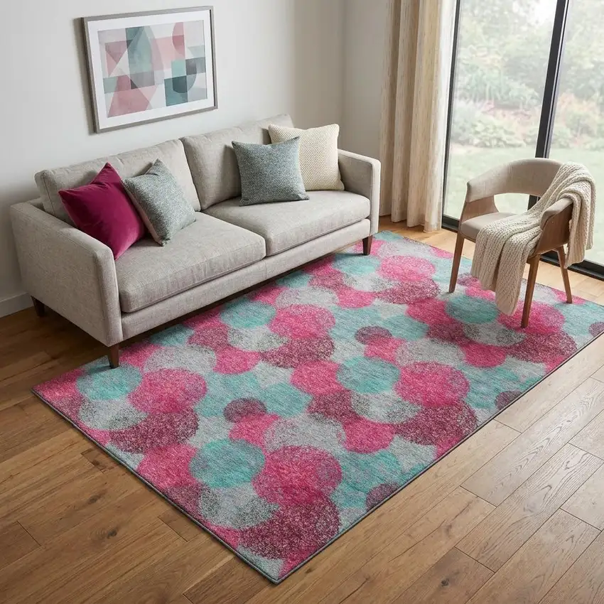 Pink Teal And Burgundy Abstract Washable Area Rug With UV Protection Photo 1