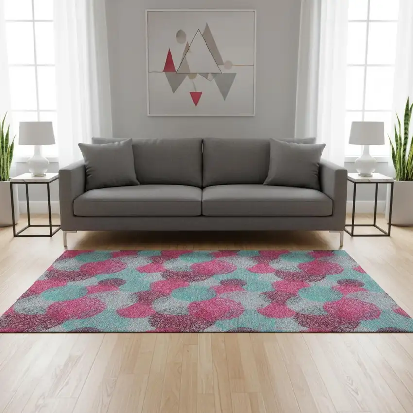 Pink Teal And Burgundy Abstract Washable Area Rug With UV Protection Photo 2