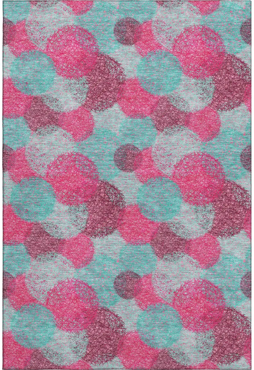 Pink Teal And Burgundy Abstract Washable Area Rug With UV Protection Photo 1