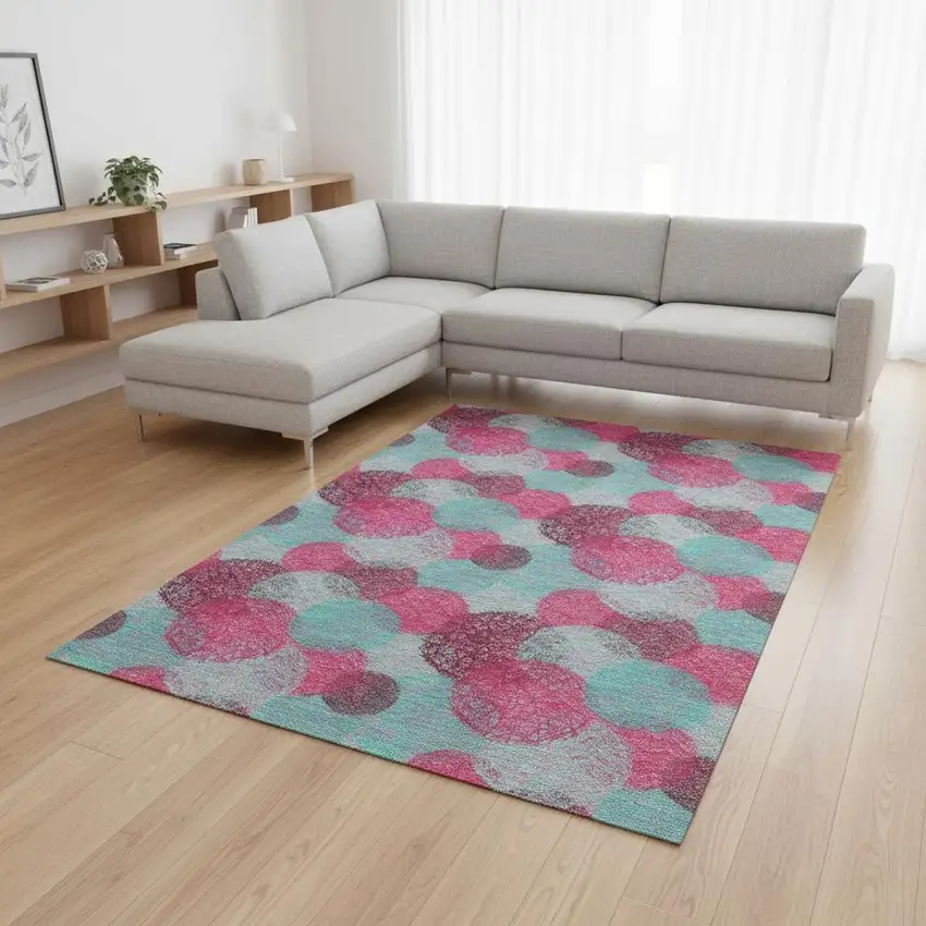 Pink Teal And Burgundy Abstract Washable Area Rug With UV Protection Photo 2