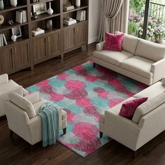 Pink Teal And Burgundy Abstract Washable Area Rug With UV Protection Photo 1