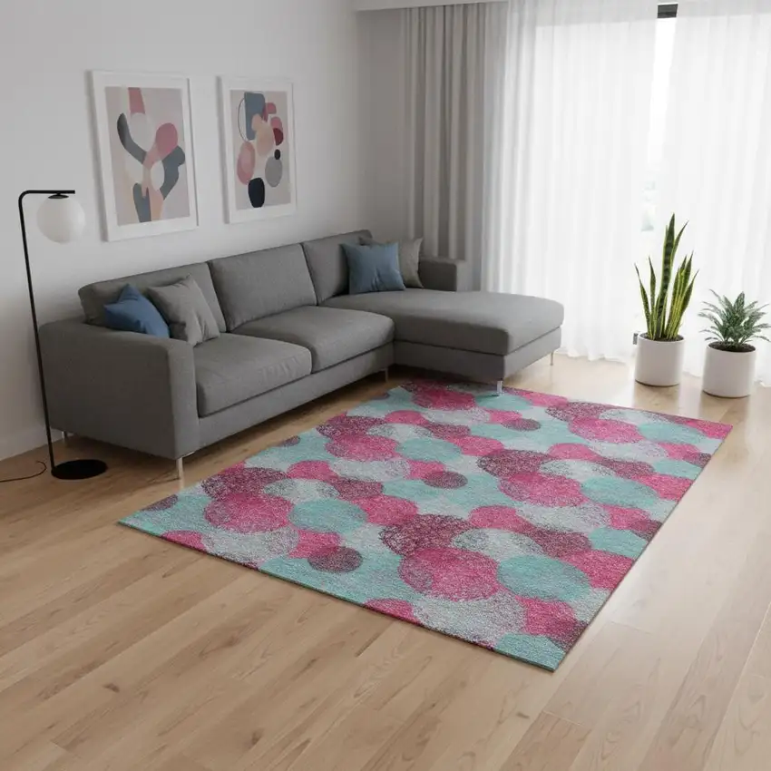 Pink Teal And Burgundy Abstract Washable Area Rug With UV Protection Photo 2