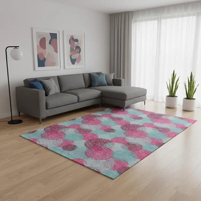 Pink Teal And Burgundy Abstract Washable Area Rug With UV Protection Photo 2