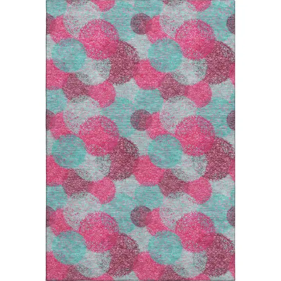 Pink Teal And Burgundy Abstract Washable Area Rug With UV Protection Photo 1