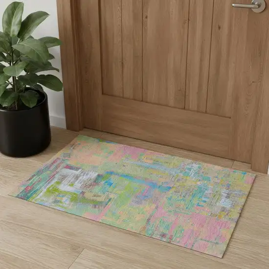 Pink Teal And Lime Green Abstract Washable Area Rug With UV Protection Photo 1