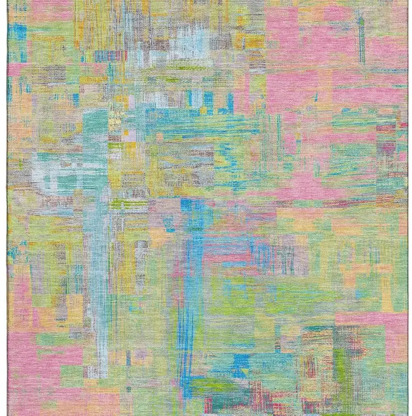Pink Teal And Lime Green Abstract Washable Area Rug With UV Protection Photo 4