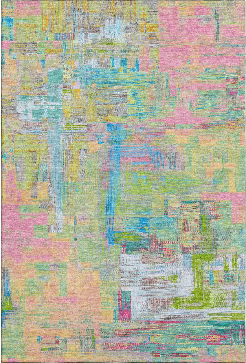 Pink Teal And Lime Green Abstract Washable Area Rug With UV Protection Photo 3