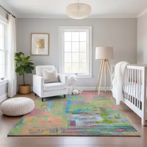 Photo of Pink Teal And Lime Green Abstract Washable Area Rug With UV Protection
