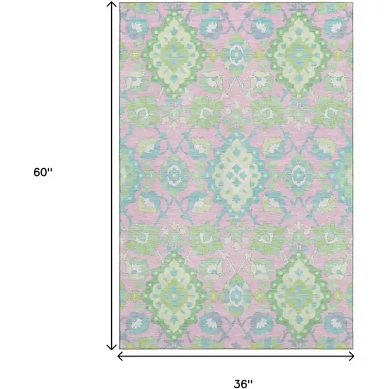 Pink Teal And Lime Green Oriental Washable Area Rug With UV Protection Photo 8