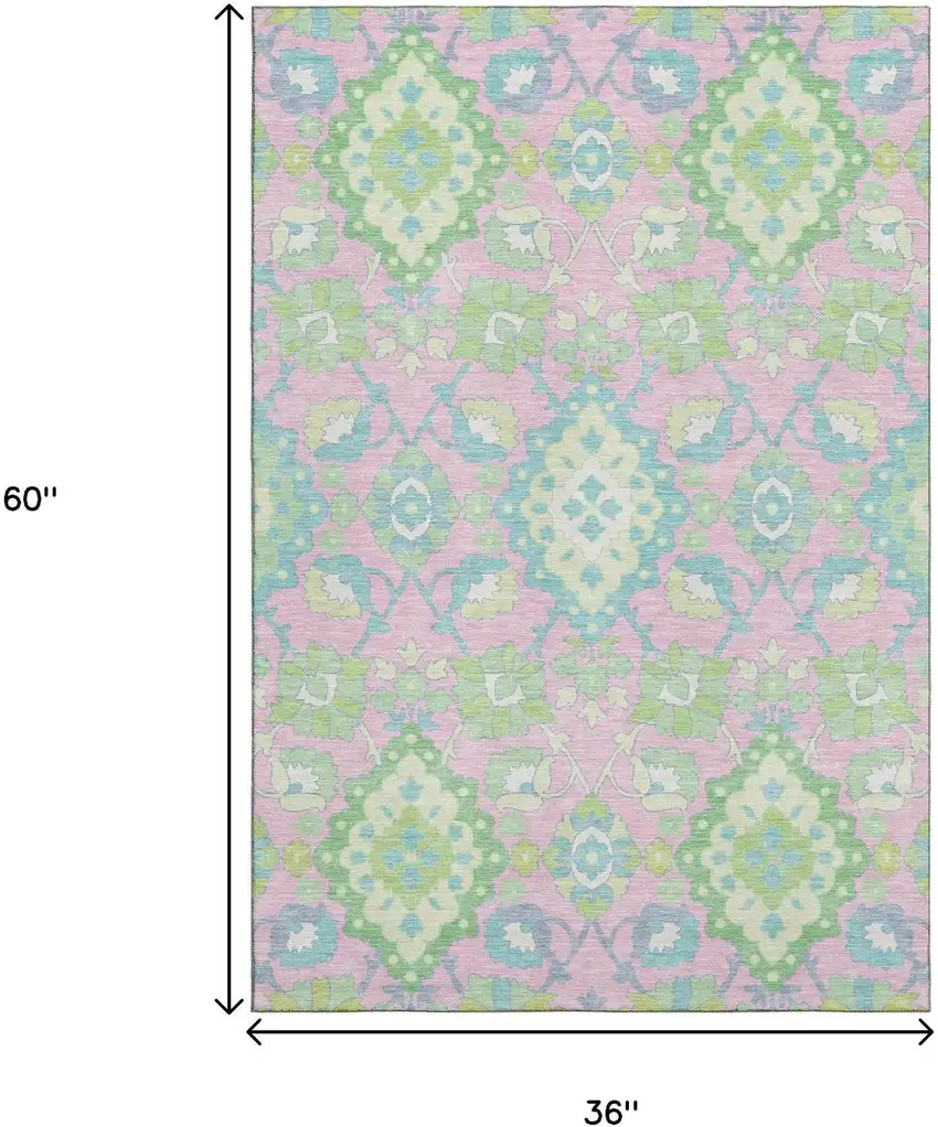 Pink Teal And Lime Green Oriental Washable Area Rug With UV Protection Photo 8