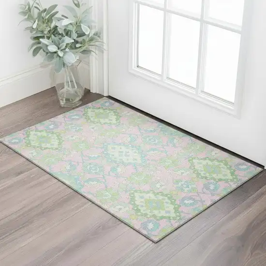 Pink Teal And Lime Green Oriental Washable Area Rug With UV Protection Photo 2