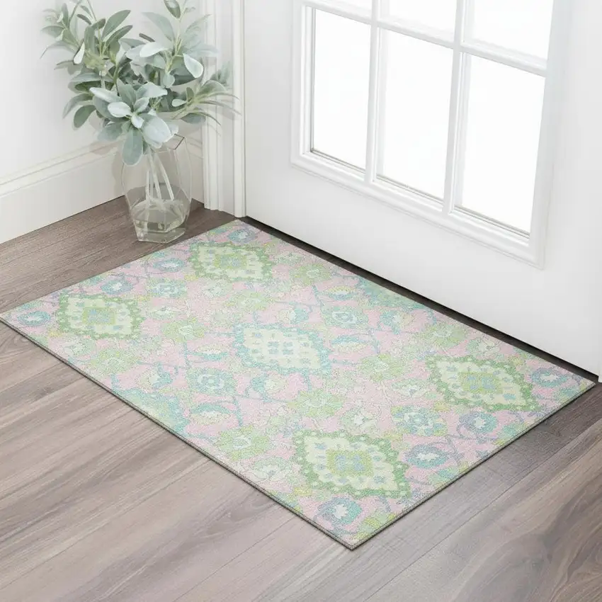 Pink Teal And Lime Green Oriental Washable Area Rug With UV Protection Photo 2
