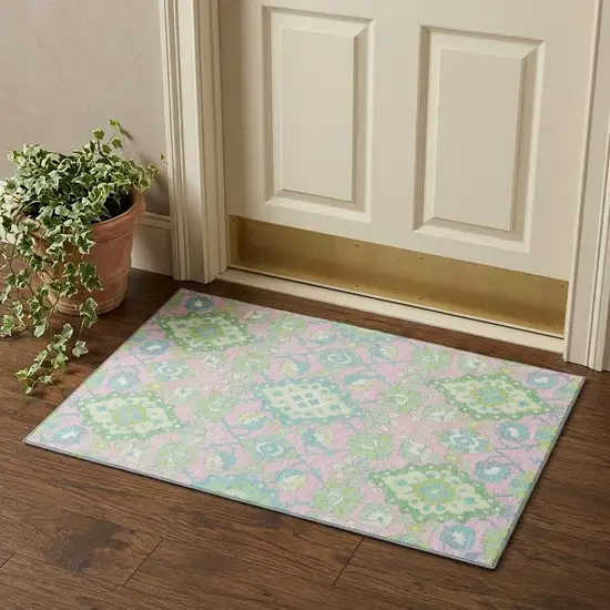 Pink Teal And Lime Green Oriental Washable Area Rug With UV Protection Photo 1
