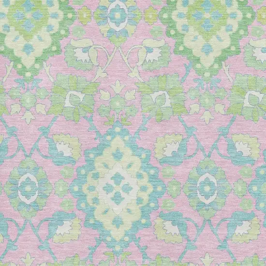 Pink Teal And Lime Green Oriental Washable Area Rug With UV Protection Photo 2