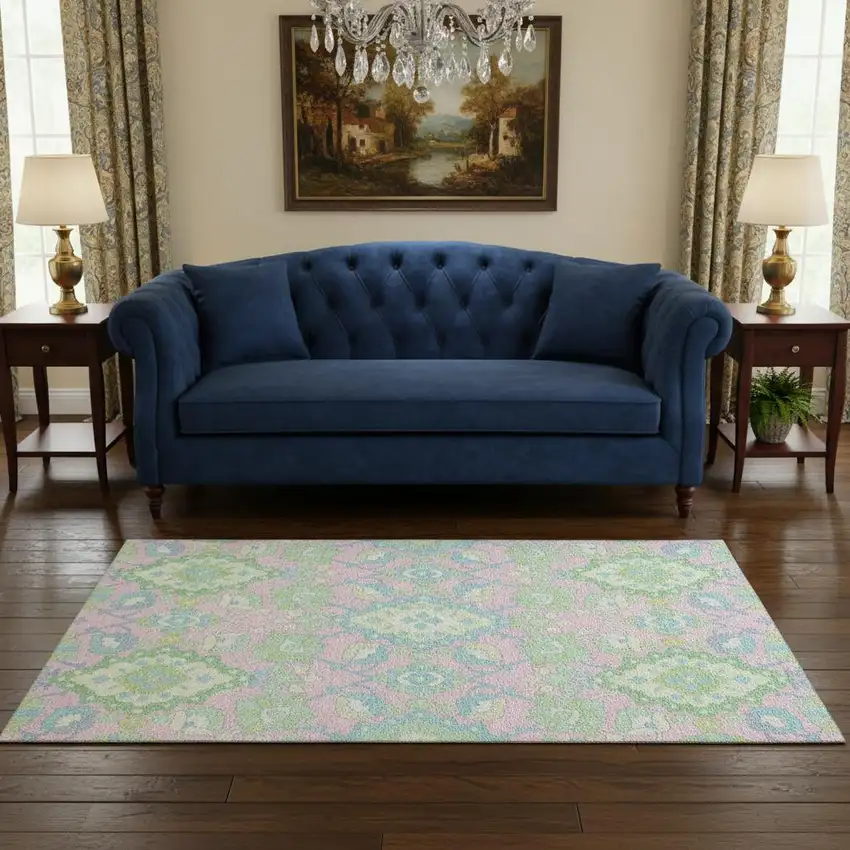 Pink Teal And Lime Green Oriental Washable Area Rug With UV Protection Photo 2