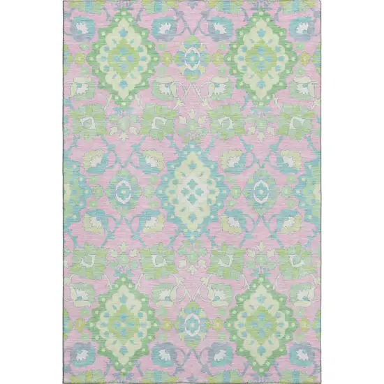 Pink Teal And Lime Green Oriental Washable Area Rug With UV Protection Photo 1
