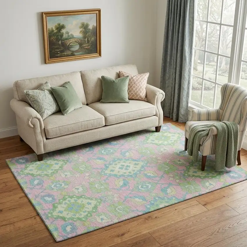 Pink Teal And Lime Green Oriental Washable Area Rug With UV Protection Photo 1