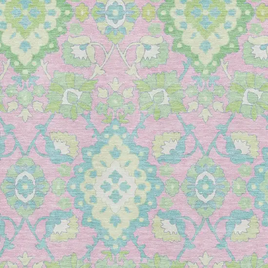 Pink Teal And Lime Green Oriental Washable Area Rug With UV Protection Photo 2