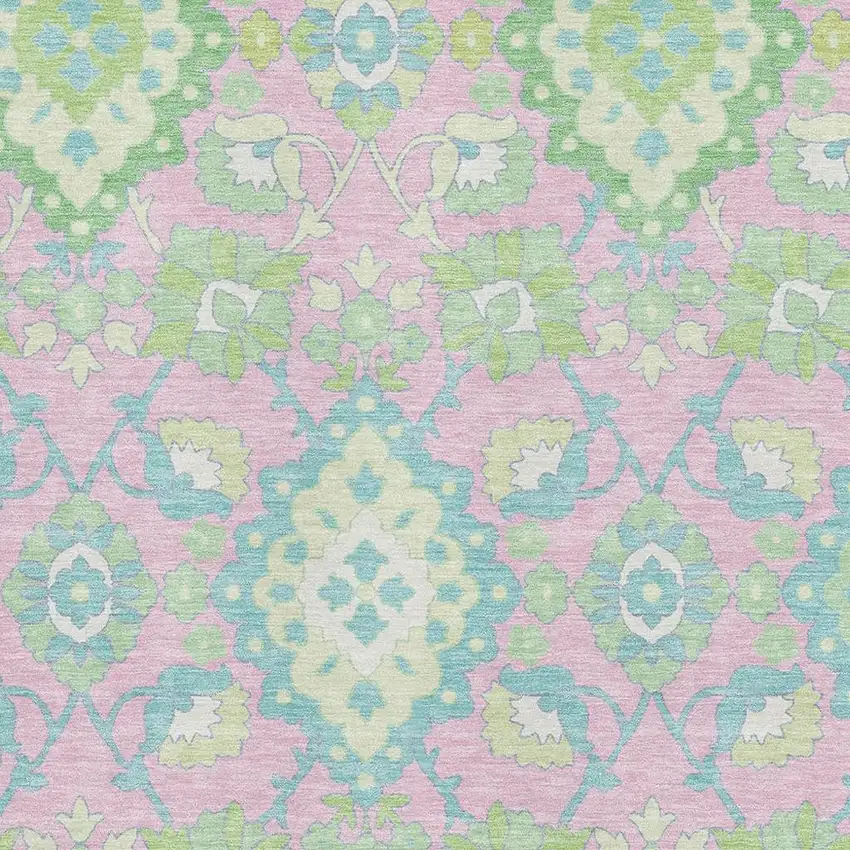 Pink Teal And Lime Green Oriental Washable Area Rug With UV Protection Photo 2
