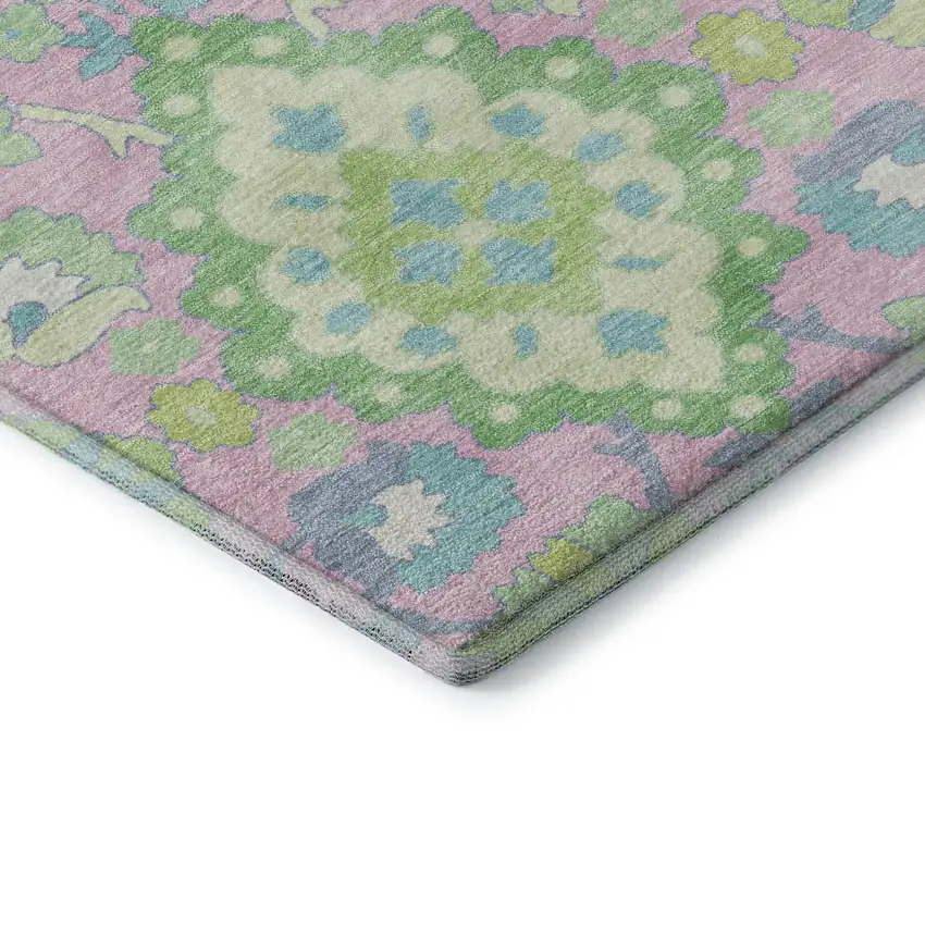 Pink Teal And Lime Green Oriental Washable Area Rug With UV Protection Photo 7