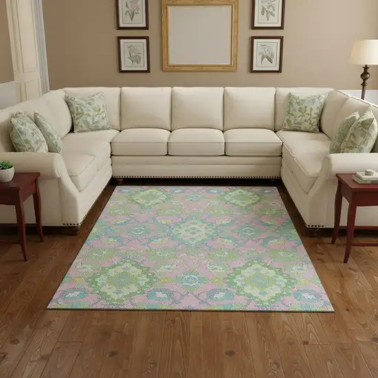Pink Teal And Lime Green Oriental Washable Area Rug With UV Protection Photo 2