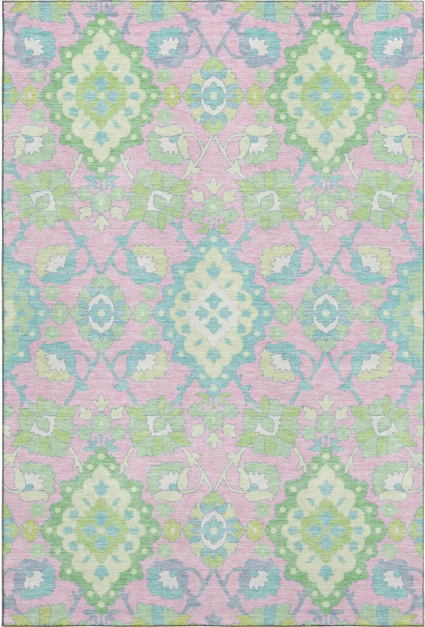 Pink Teal And Lime Green Oriental Washable Area Rug With UV Protection Photo 1