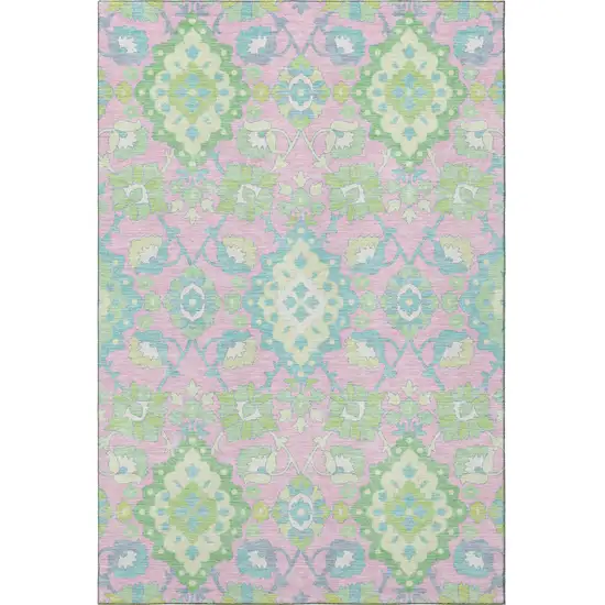 Pink Teal And Lime Green Oriental Washable Area Rug With UV Protection Photo 3