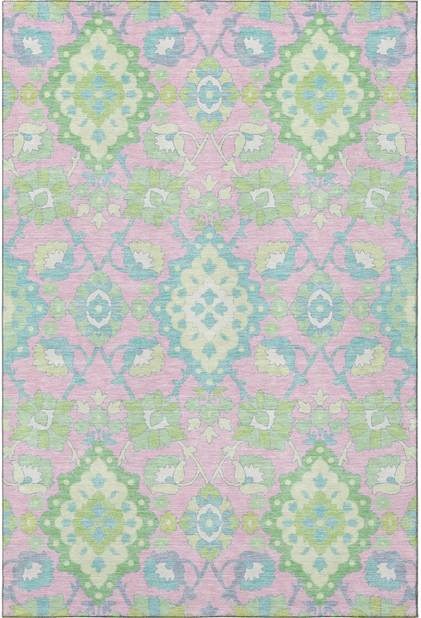 Pink Teal And Lime Green Oriental Washable Area Rug With UV Protection Photo 3