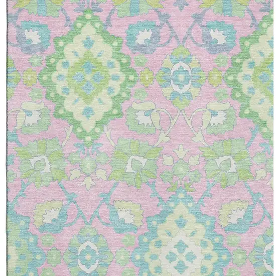 Pink Teal And Lime Green Oriental Washable Area Rug With UV Protection Photo 2