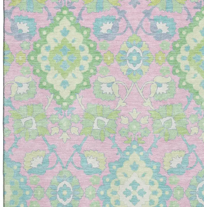 Pink Teal And Lime Green Oriental Washable Area Rug With UV Protection Photo 2