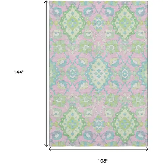 Pink Teal And Lime Green Oriental Washable Area Rug With UV Protection Photo 7