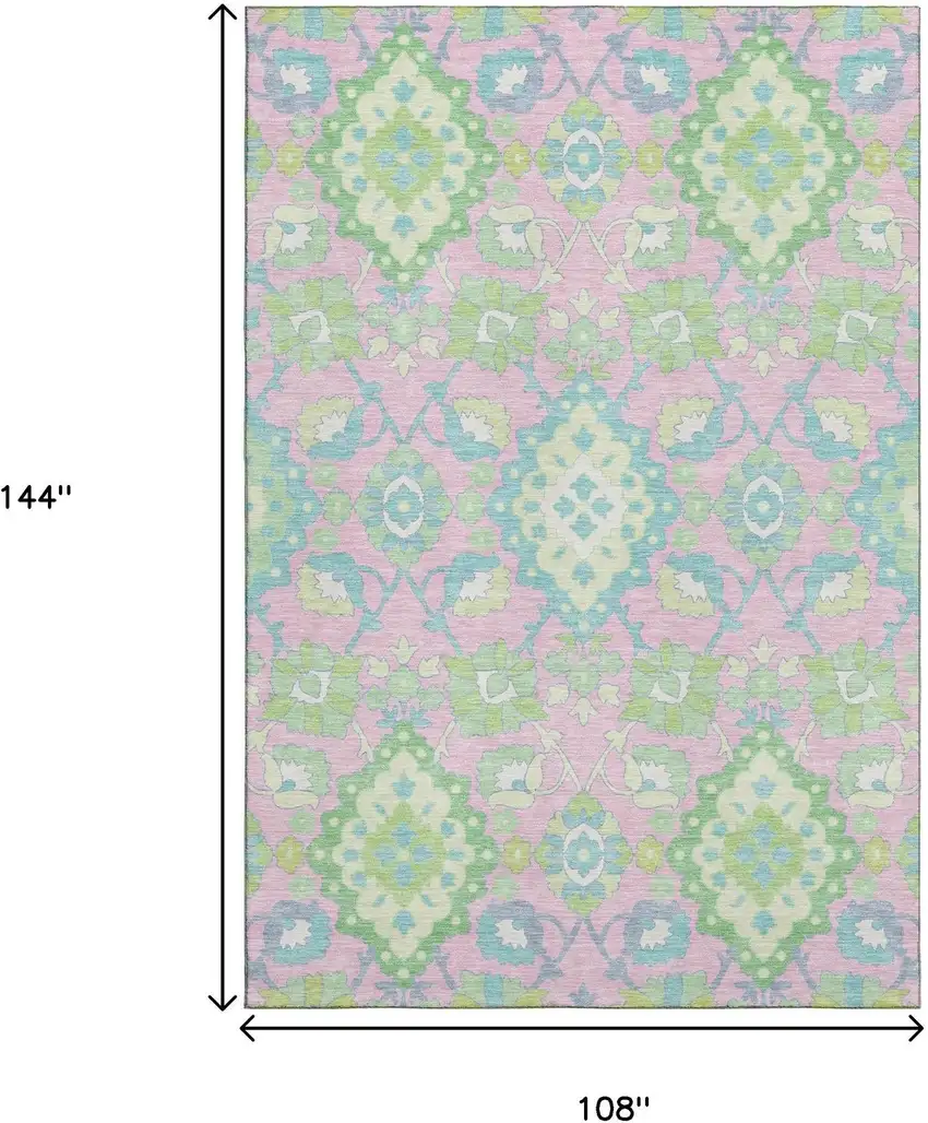 Pink Teal And Lime Green Oriental Washable Area Rug With UV Protection Photo 7