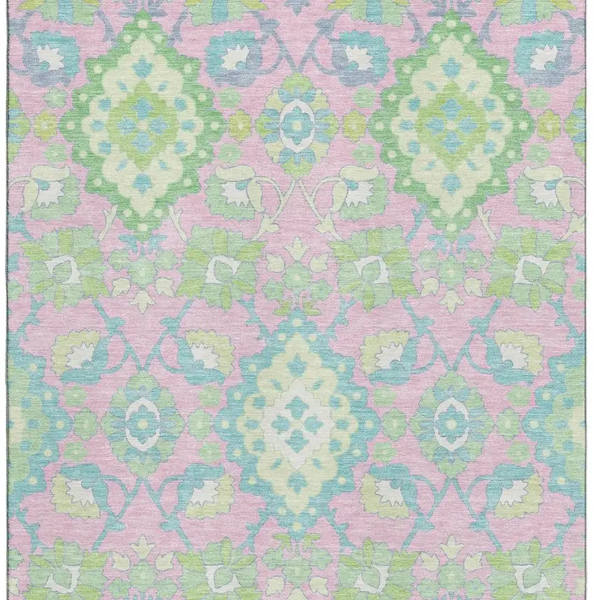 Pink Teal And Lime Green Oriental Washable Area Rug With UV Protection Photo 3