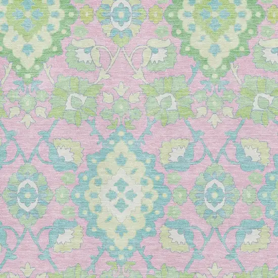 Pink Teal And Lime Green Oriental Washable Area Rug With UV Protection Photo 2