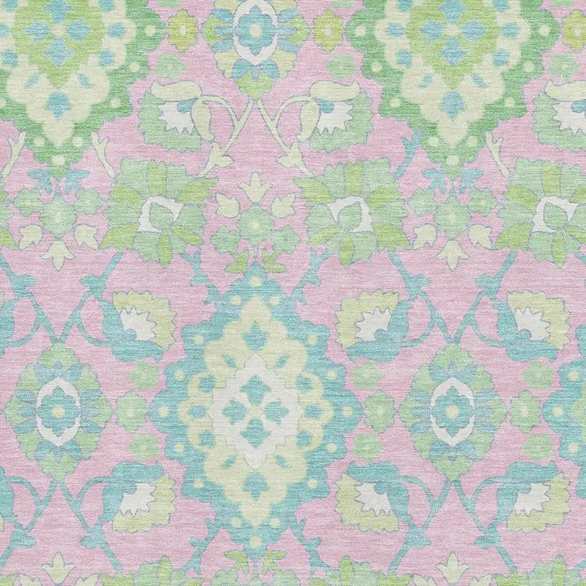 Pink Teal And Lime Green Oriental Washable Area Rug With UV Protection Photo 2