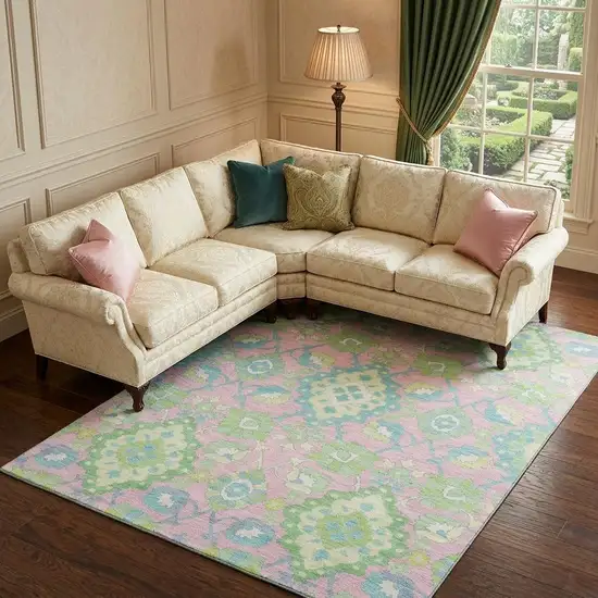 Pink Teal And Lime Green Oriental Washable Area Rug With UV Protection Photo 1