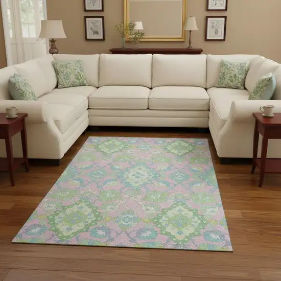 Pink Teal And Lime Green Oriental Washable Area Rug With UV Protection Photo 2