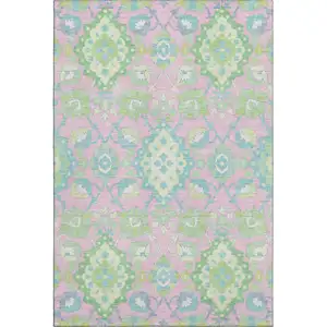 Photo of Pink Teal And Lime Green Oriental Washable Area Rug With UV Protection